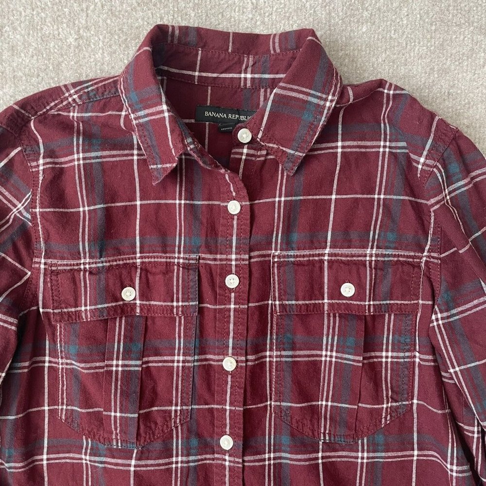 Banana Republic Shirt Womens XS Dark Red Plaid Button Down Casual 100% Cotton - Picture 2 of 7